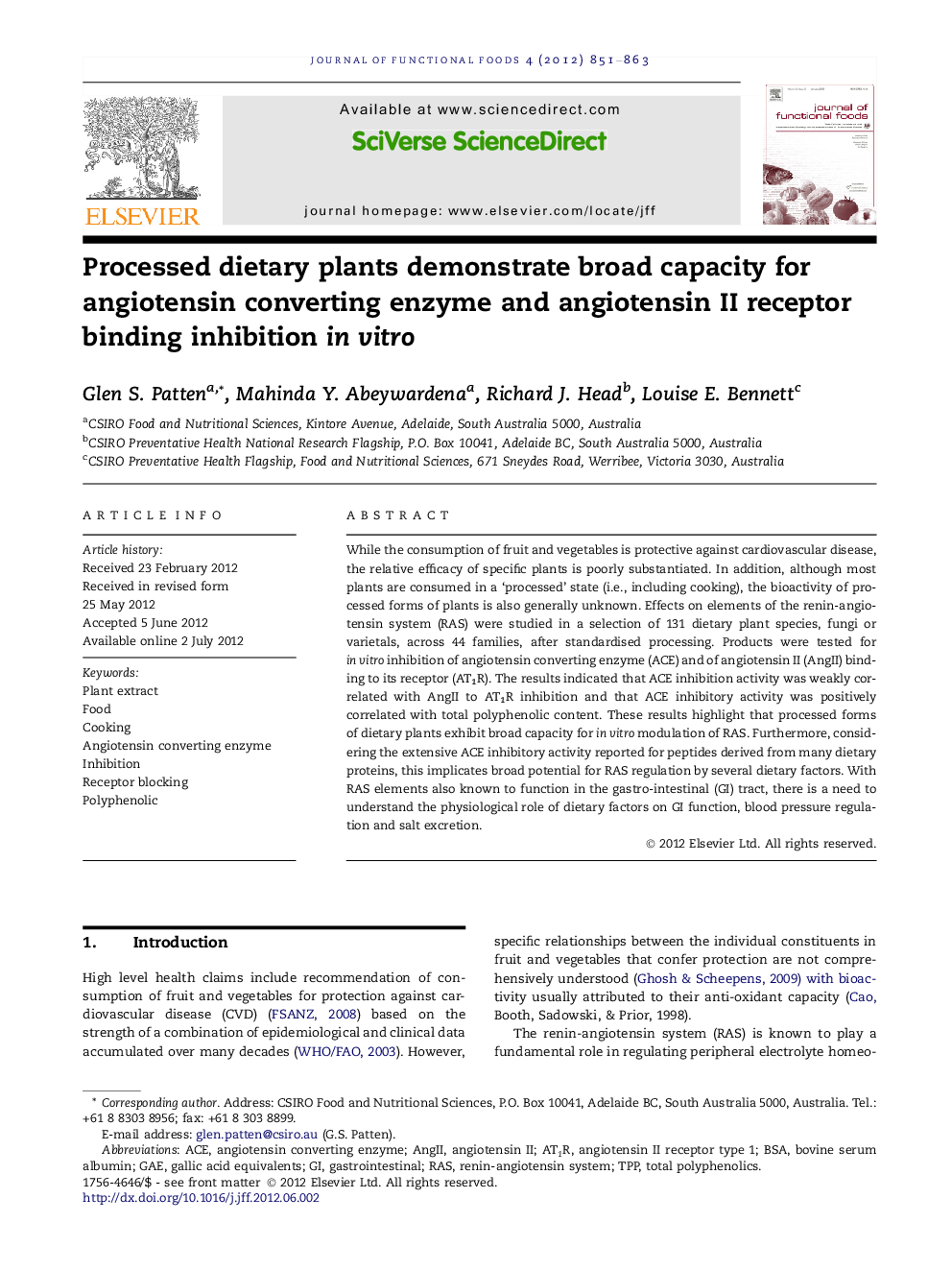 Processed dietary plants demonstrate broad capacity for angiotensin converting enzyme and angiotensin II receptor binding inhibition in vitro