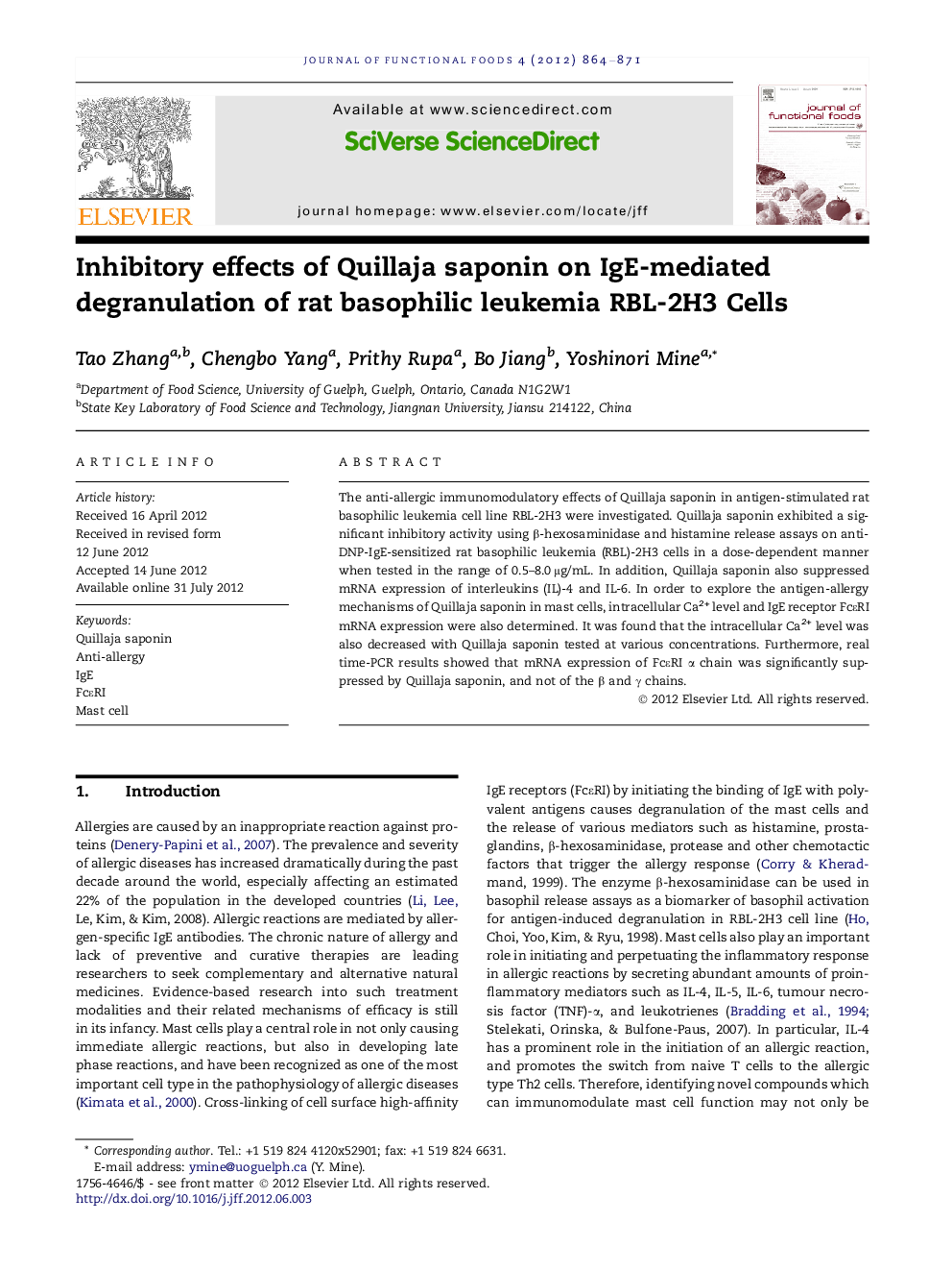 Inhibitory effects of Quillaja saponin on IgE-mediated degranulation of rat basophilic leukemia RBL-2H3 Cells