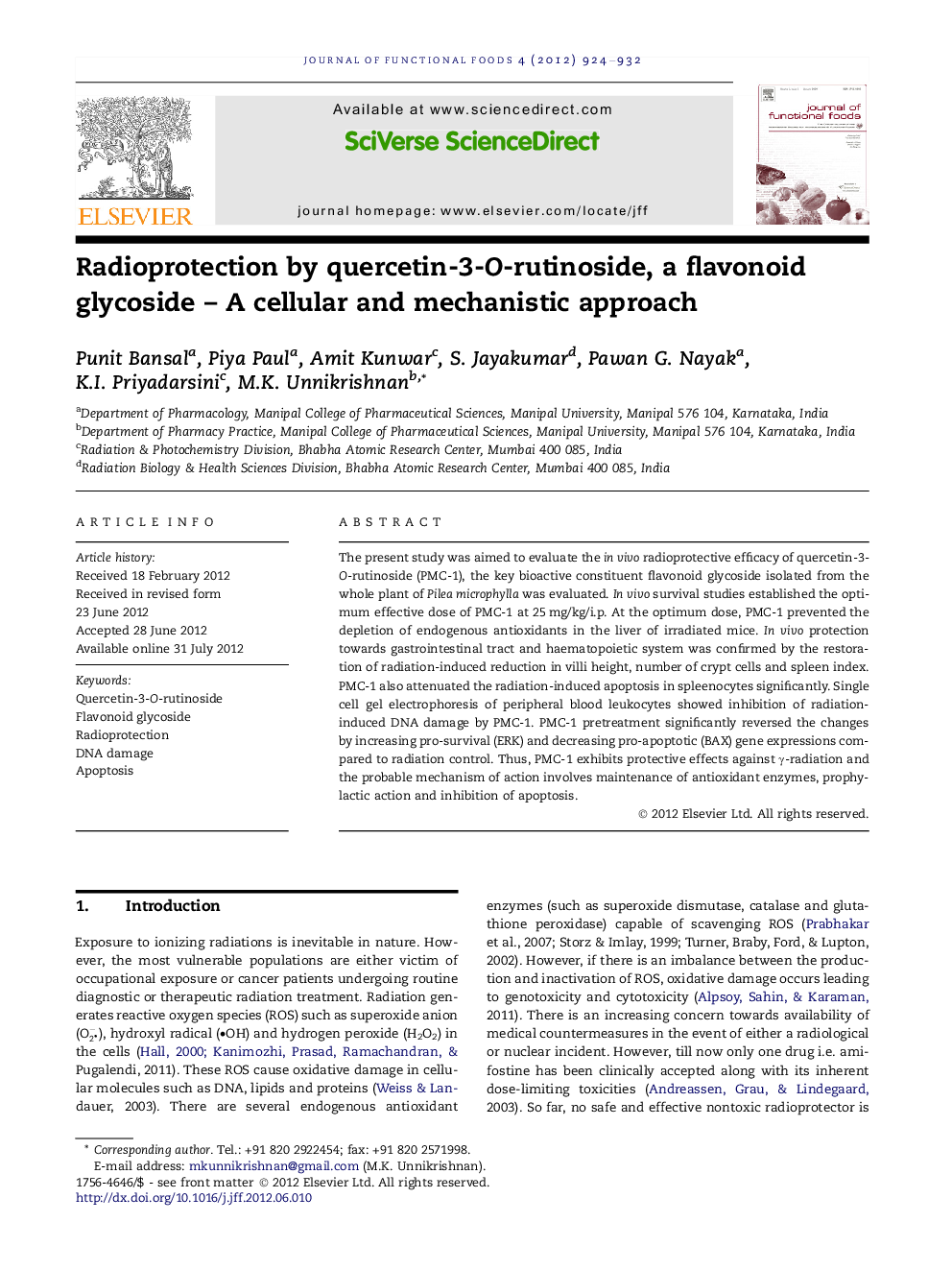 Radioprotection by quercetin-3-O-rutinoside, a flavonoid glycoside – A cellular and mechanistic approach