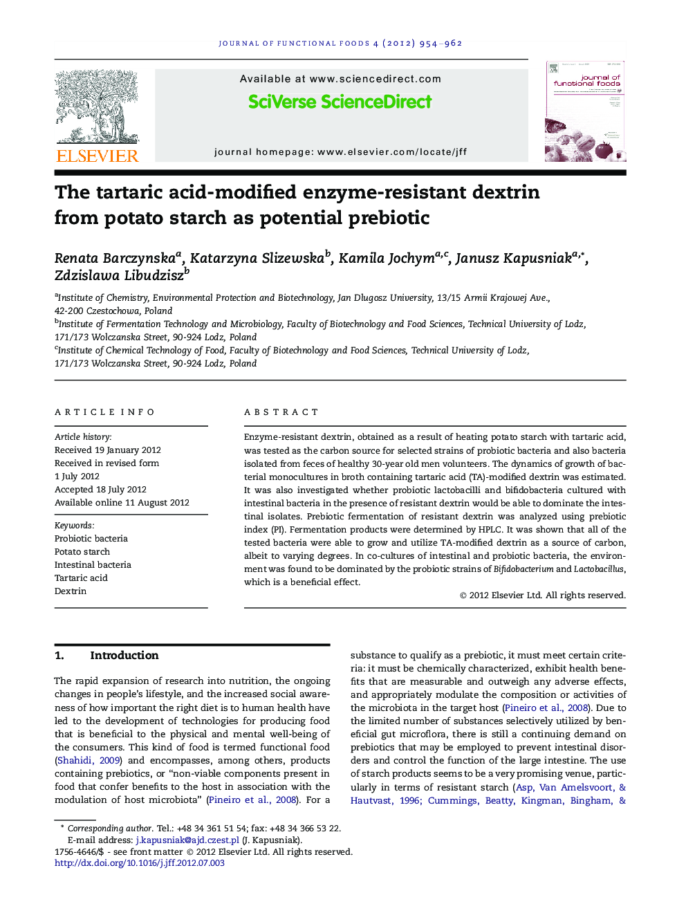 The tartaric acid-modified enzyme-resistant dextrin from potato starch as potential prebiotic