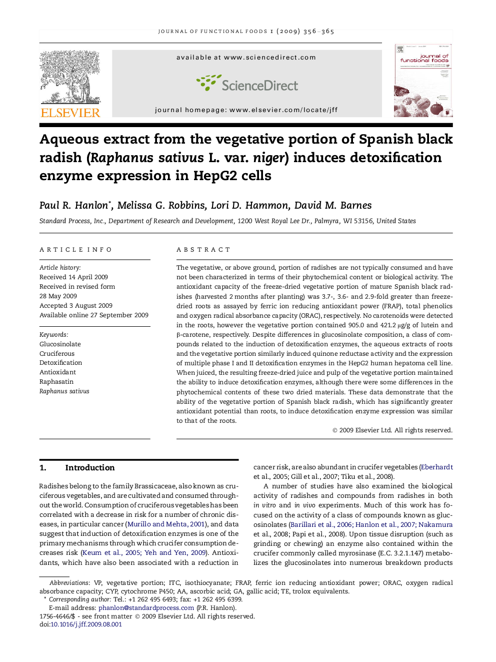 Aqueous extract from the vegetative portion of Spanish black radish (Raphanus sativus L. var. niger) induces detoxification enzyme expression in HepG2 cells