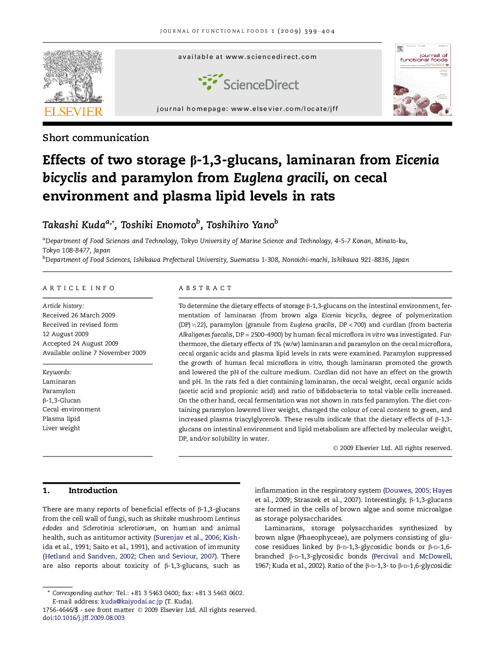 Effects of two storage β-1,3-glucans, laminaran from Eicenia bicyclis and paramylon from Euglena gracili, on cecal environment and plasma lipid levels in rats