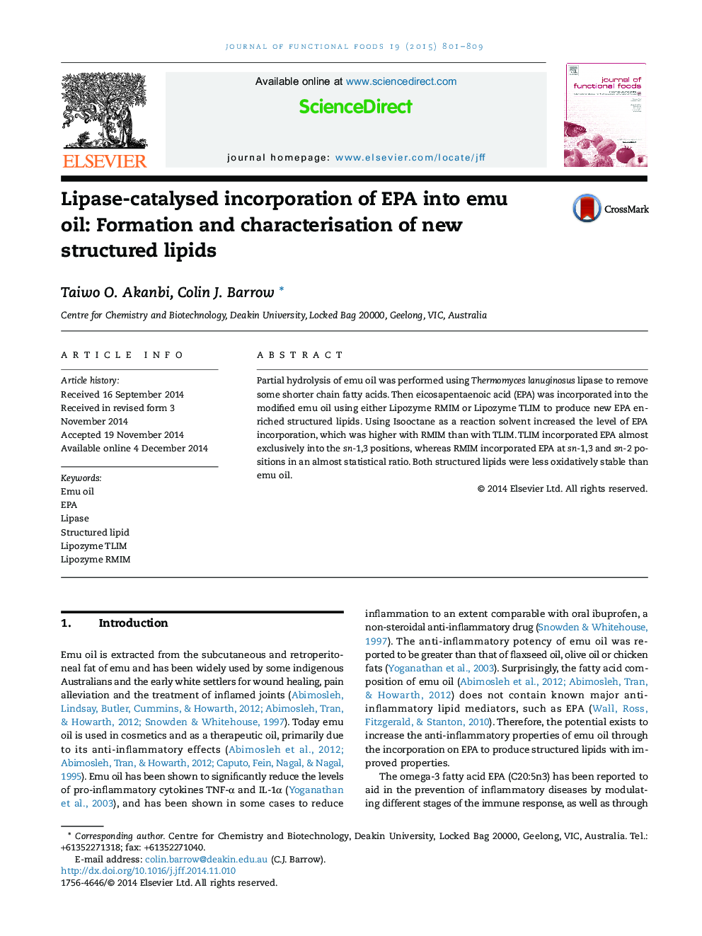 Lipase-catalysed incorporation of EPA into emu oil: Formation and characterisation of new structured lipids