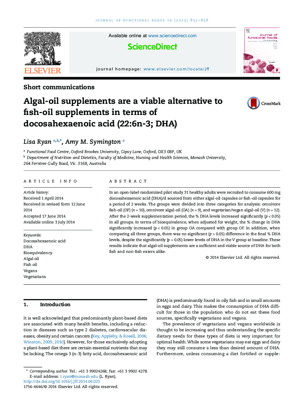 عکس صفحه اول مقاله: Algal-oil supplements are a viable alternative to fish-oil supplements in terms of docosahexaenoic acid (22:6n-3; DHA) Algal-oil supplements are a viable alternative to fish-oil supplements in terms of docosahexaenoic acid (22:6n-3; DHA)