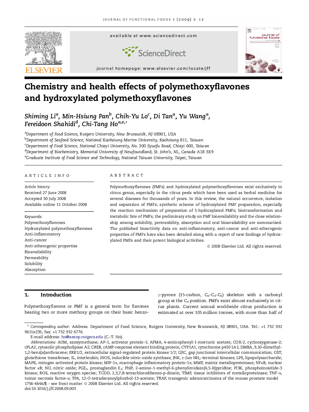 Chemistry and health effects of polymethoxyflavones and hydroxylated polymethoxyflavones