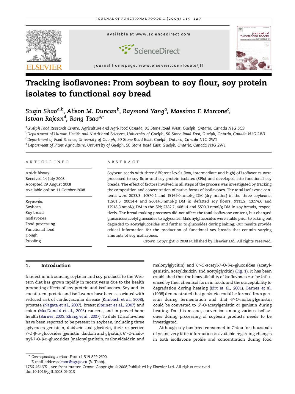 Tracking isoflavones: From soybean to soy flour, soy protein isolates to functional soy bread