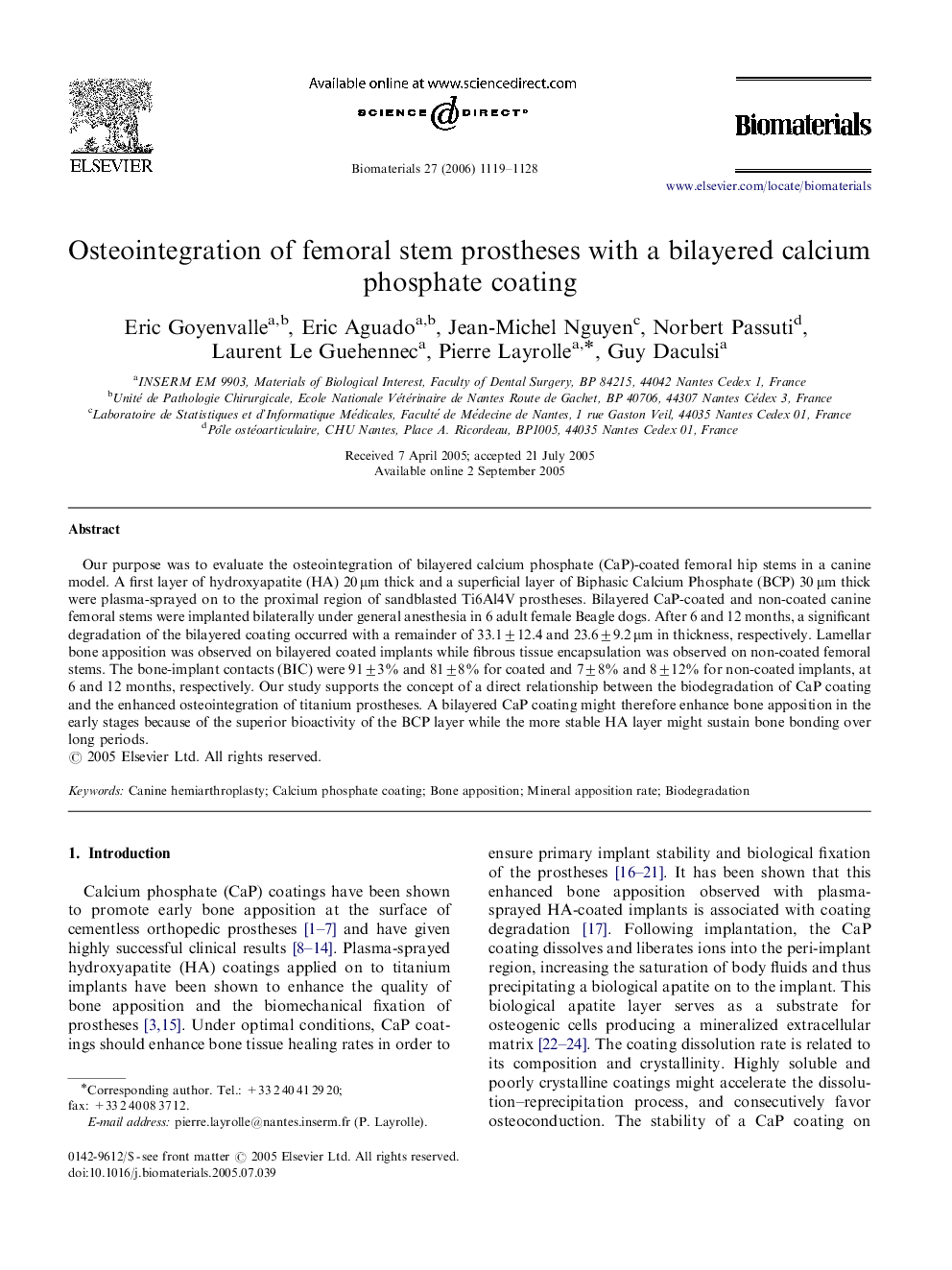 Osteointegration of femoral stem prostheses with a bilayered calcium phosphate coating