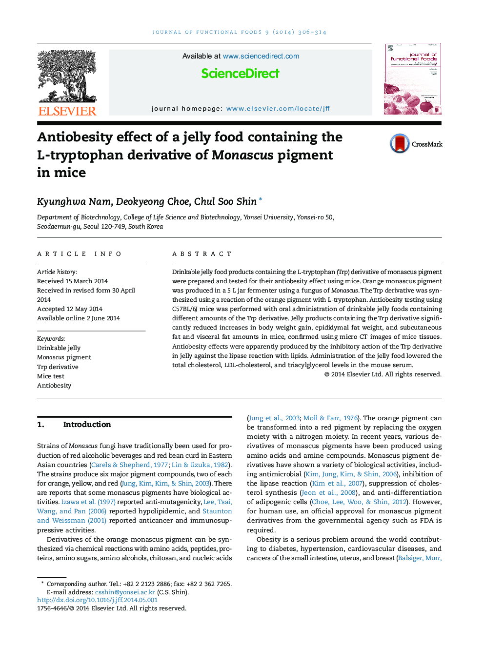 Antiobesity effect of a jelly food containing the L-tryptophan derivative of Monascus pigment in mice