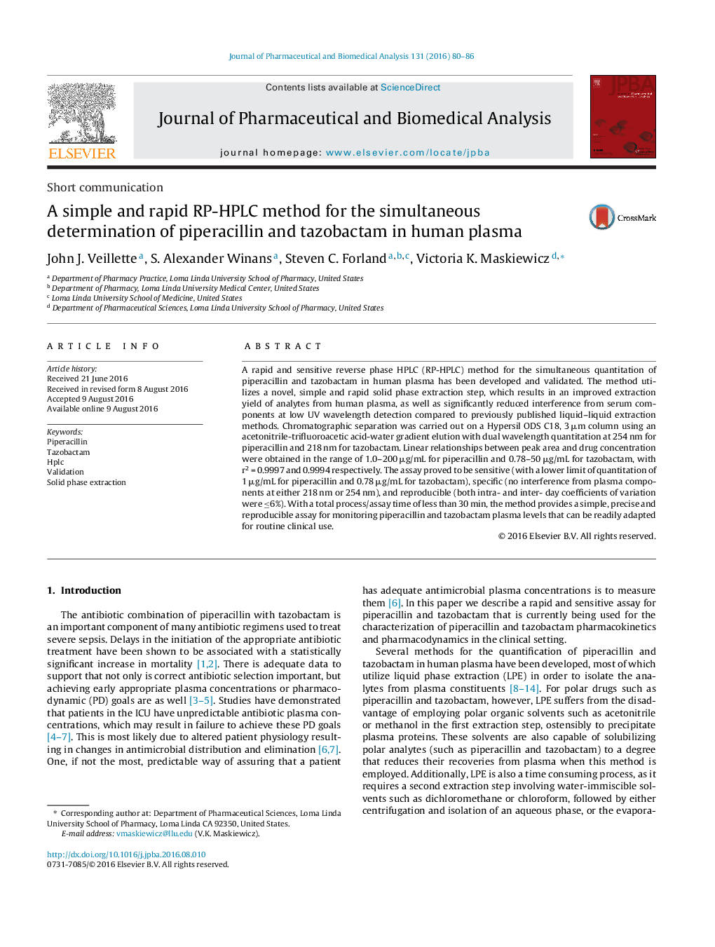 A simple and rapid RP-HPLC method for the simultaneous determination of piperacillin and tazobactam in human plasma