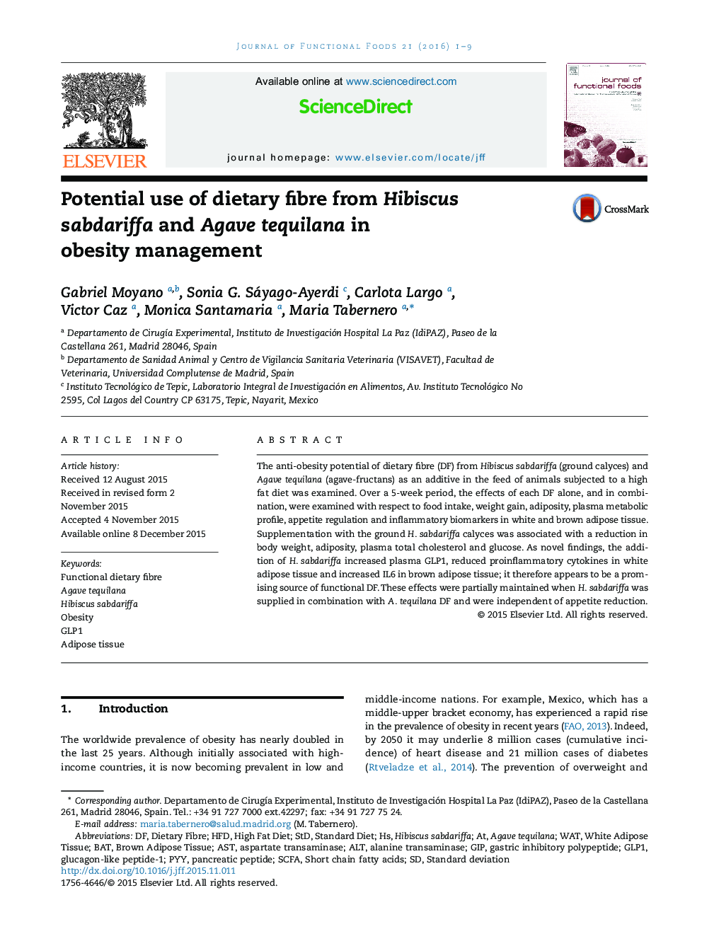 Potential use of dietary fibre from Hibiscus sabdariffa and Agave tequilana in obesity management