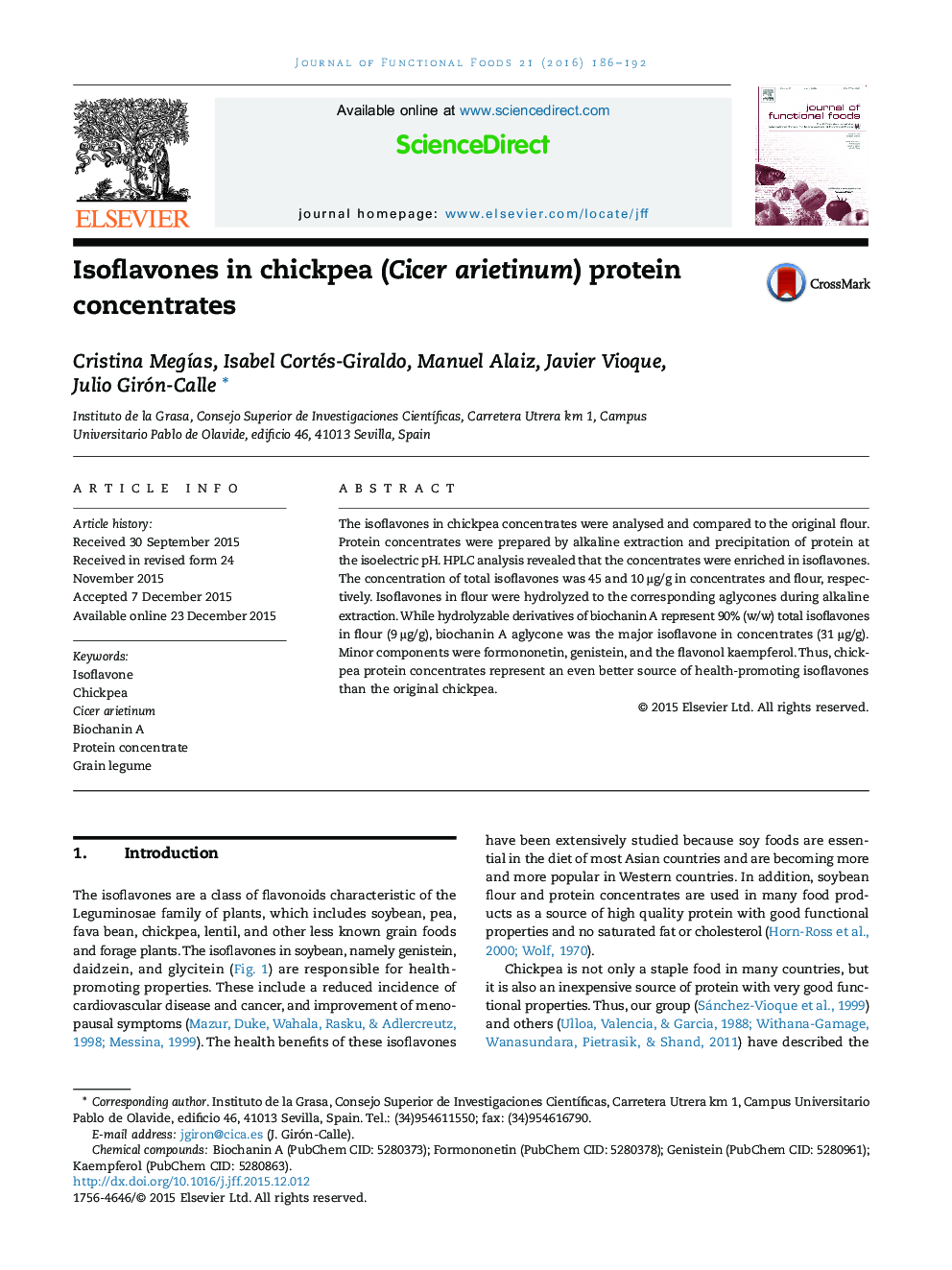Isoflavones in chickpea (Cicer arietinum) protein concentrates