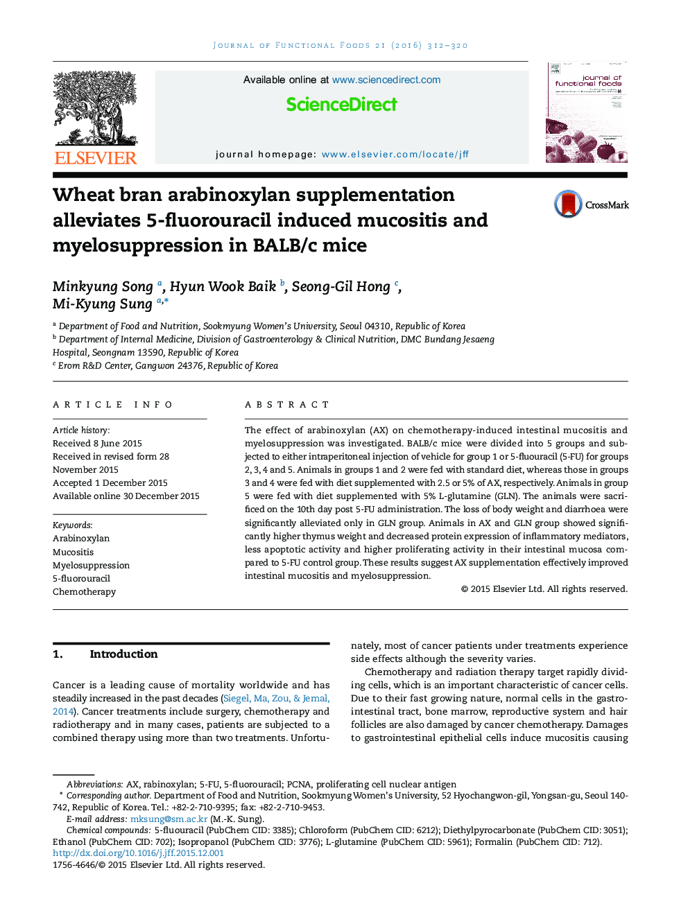 Wheat bran arabinoxylan supplementation alleviates 5-fluorouracil induced mucositis and myelosuppression in BALB/c mice