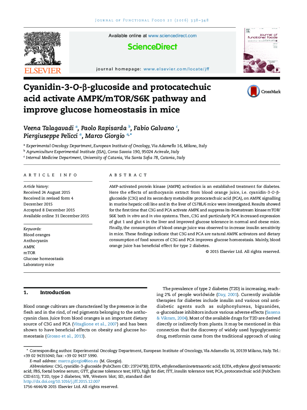 Cyanidin-3-O-β-glucoside and protocatechuic acid activate AMPK/mTOR/S6K pathway and improve glucose homeostasis in mice