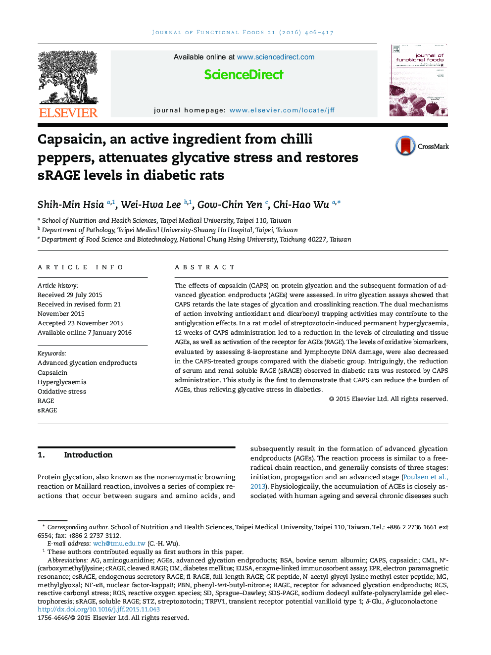 Capsaicin, an active ingredient from chilli peppers, attenuates glycative stress and restores sRAGE levels in diabetic rats