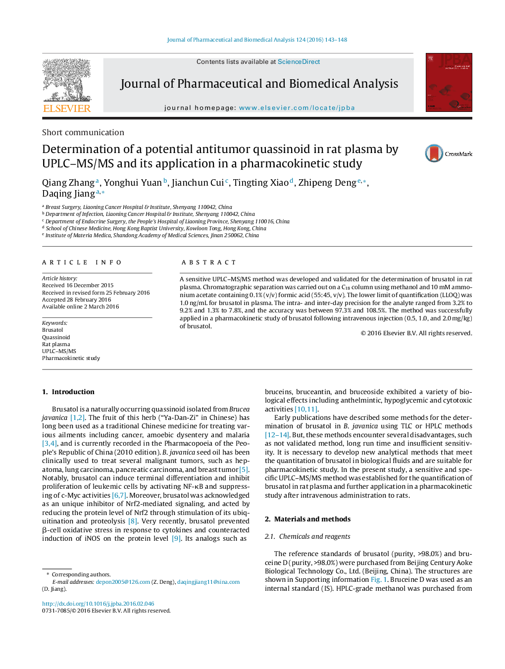 Determination of a potential antitumor quassinoid in rat plasma by UPLC–MS/MS and its application in a pharmacokinetic study