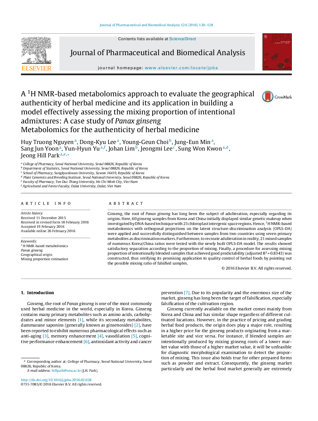 A 1H NMR-based metabolomics approach to evaluate the geographical authenticity of herbal medicine and its application in building a model effectively assessing the mixing proportion of intentional admixtures: A case study of Panax ginseng: Metabolomics fo