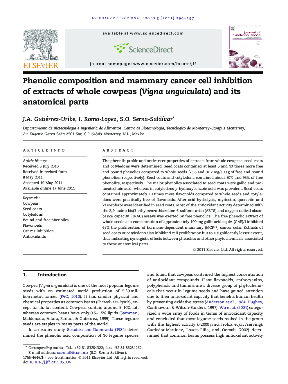 Phenolic composition and mammary cancer cell inhibition of extracts of whole cowpeas (Vigna unguiculata) and its anatomical parts