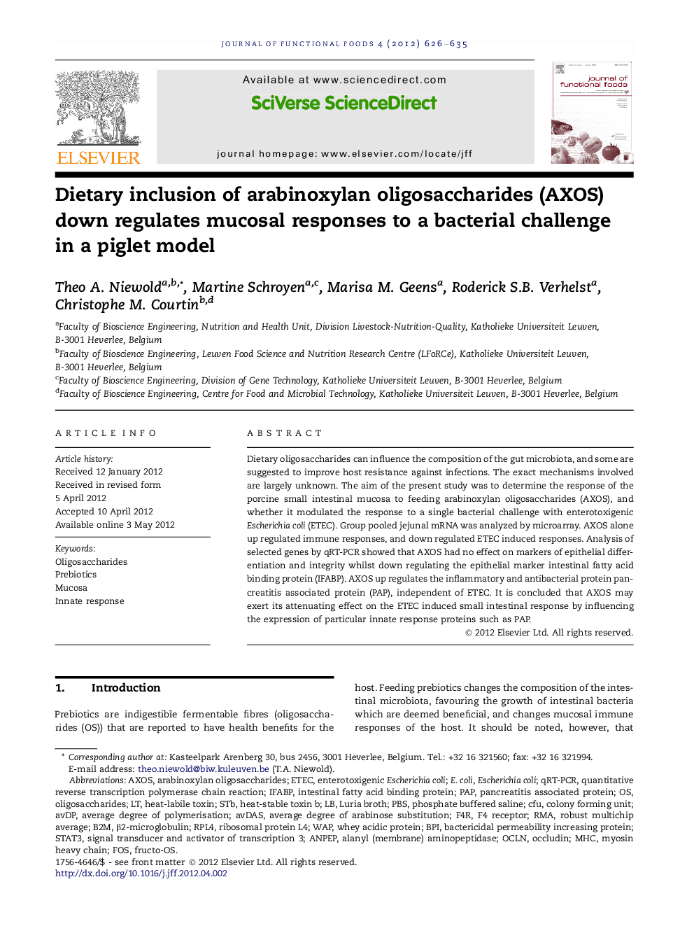 Dietary inclusion of arabinoxylan oligosaccharides (AXOS) down regulates mucosal responses to a bacterial challenge in a piglet model