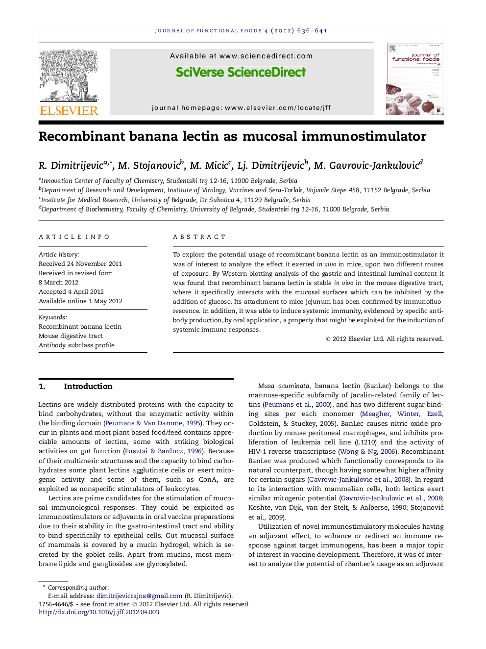 عکس صفحه اول مقاله: Recombinant banana lectin as mucosal immunostimulator Recombinant banana lectin as mucosal immunostimulator