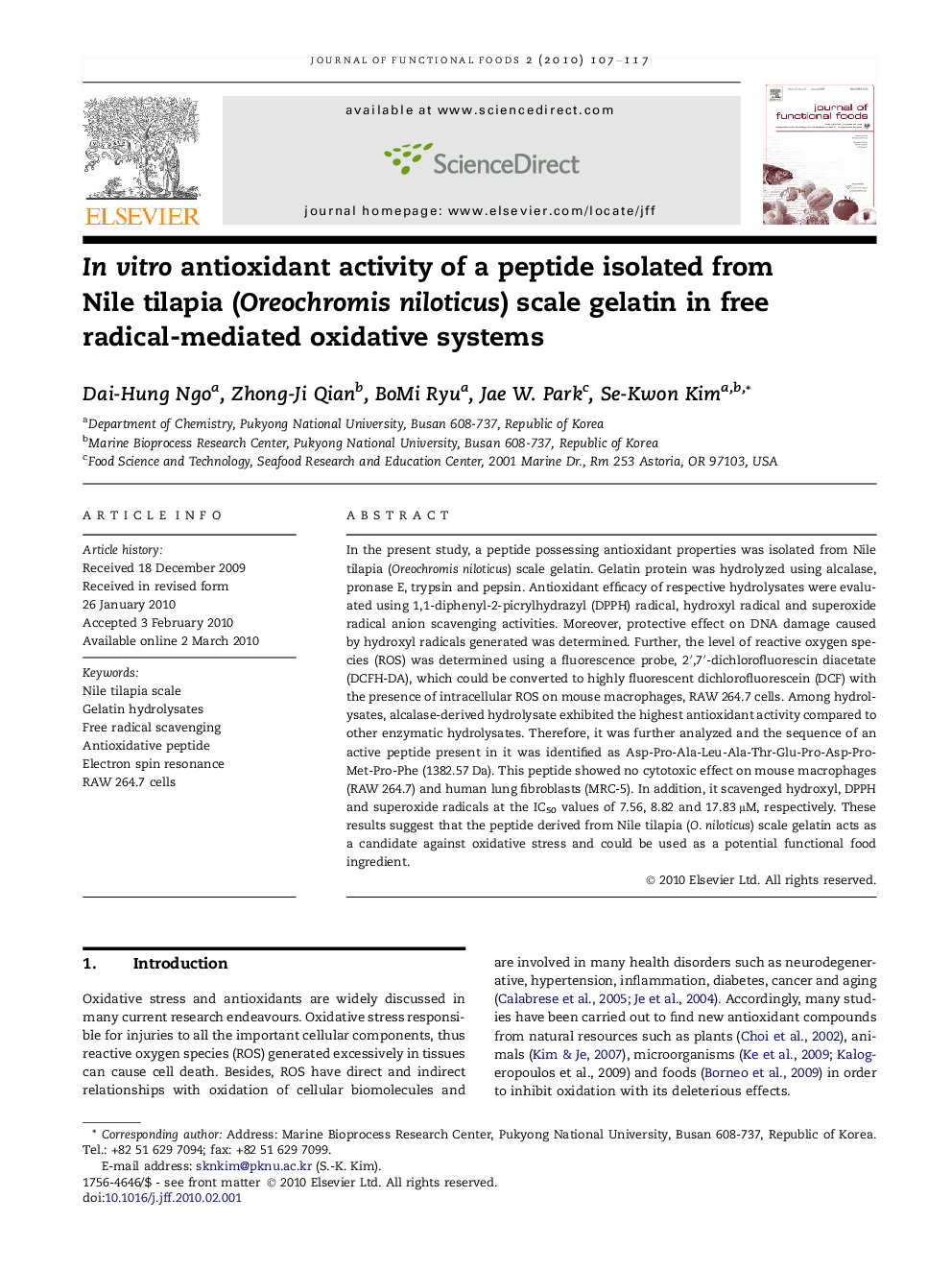 In vitro antioxidant activity of a peptide isolated from Nile tilapia (Oreochromis niloticus) scale gelatin in free radical-mediated oxidative systems