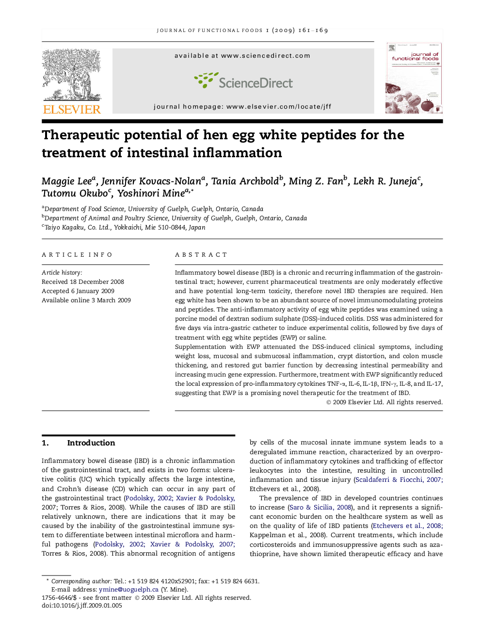 عکس صفحه اول مقاله: Therapeutic potential of hen egg white peptides for the treatment of intestinal inflammation Therapeutic potential of hen egg white peptides for the treatment of intestinal inflammation