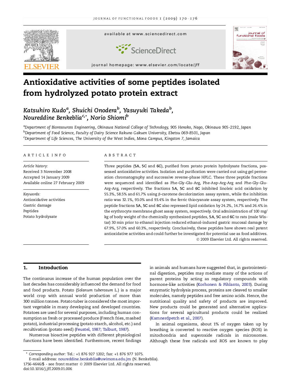 Antioxidative activities of some peptides isolated from hydrolyzed potato protein extract