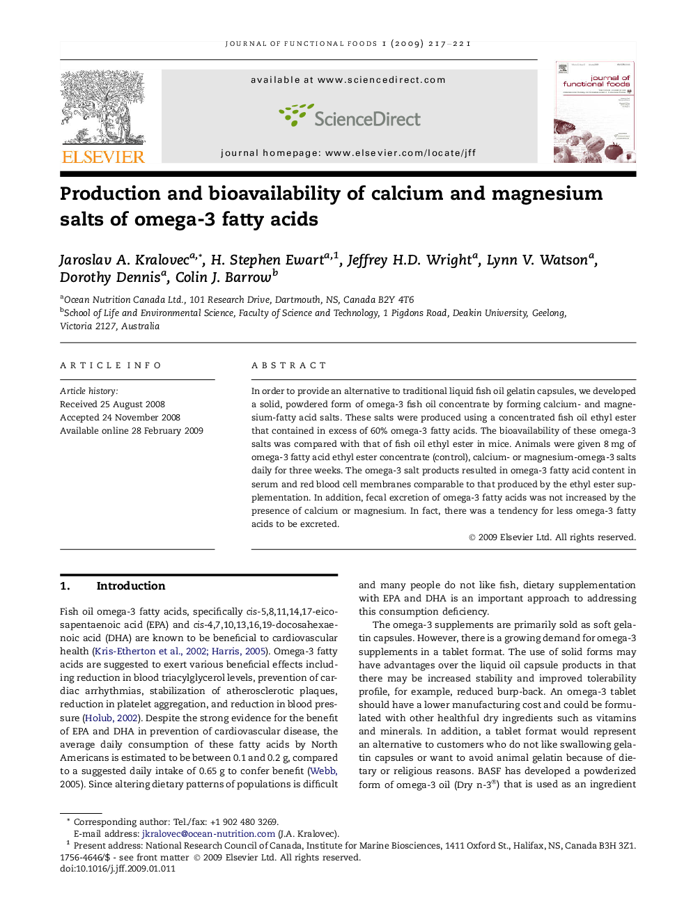 عکس صفحه اول مقاله: Production and bioavailability of calcium and magnesium salts of omega-3 fatty acids Production and bioavailability of calcium and magnesium salts of omega-3 fatty acids