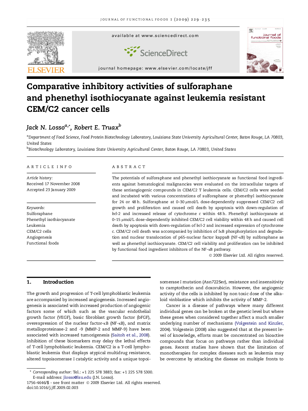 عکس صفحه اول مقاله: Comparative inhibitory activities of sulforaphane and phenethyl isothiocyanate against leukemia resistant CEM/C2 cancer cells Comparative inhibitory activities of sulforaphane and phenethyl isothiocyanate against leukemia resistant CEM/C2 cancer cells
