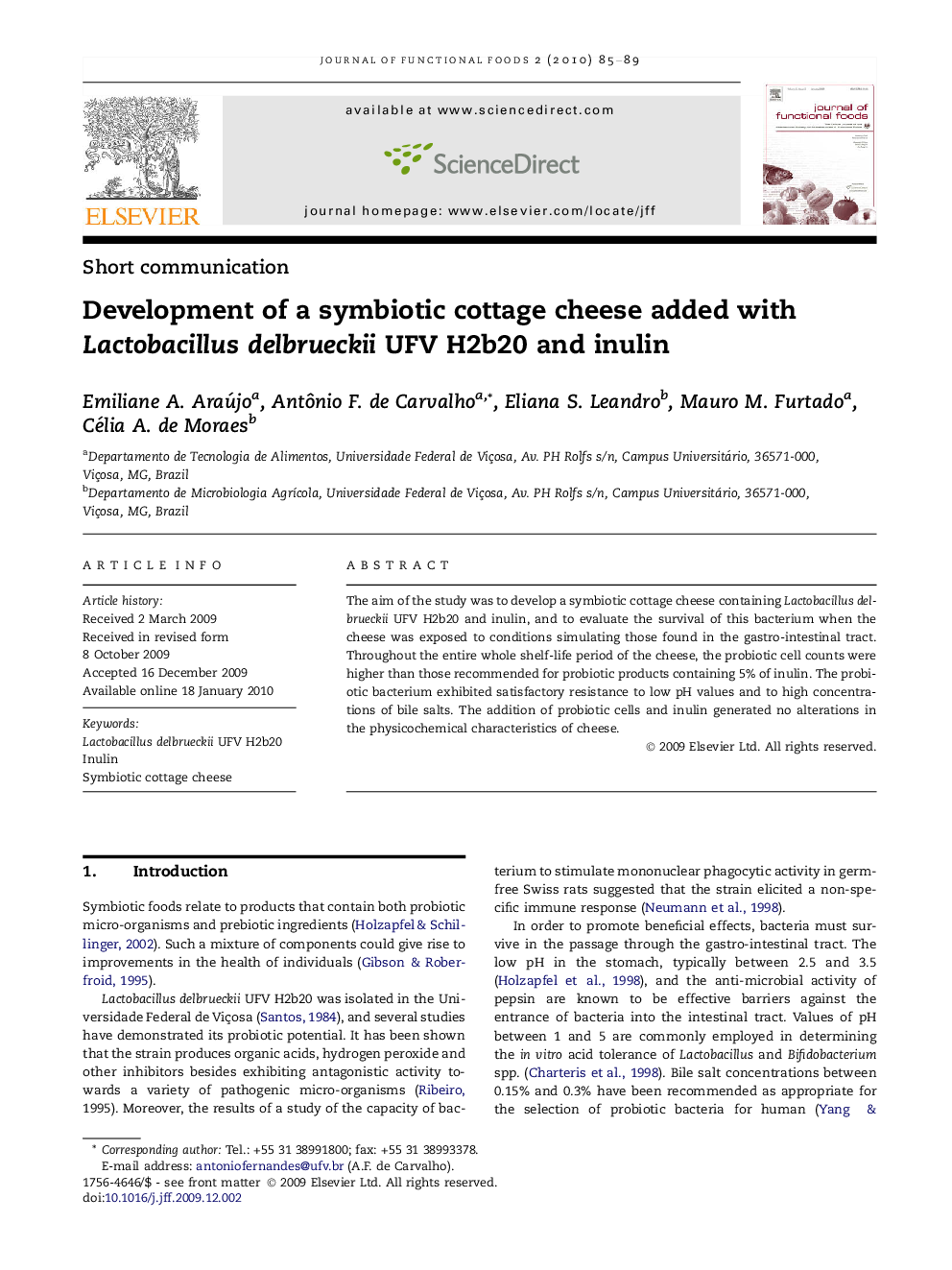 Development of a symbiotic cottage cheese added with Lactobacillus delbrueckii UFV H2b20 and inulin