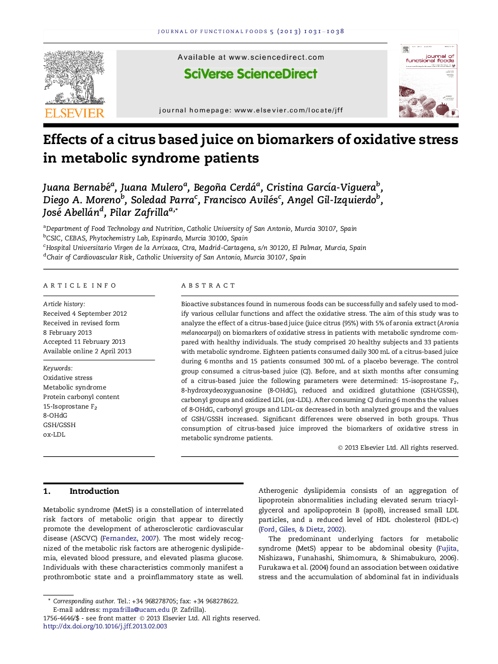 Effects of a citrus based juice on biomarkers of oxidative stress in metabolic syndrome patients