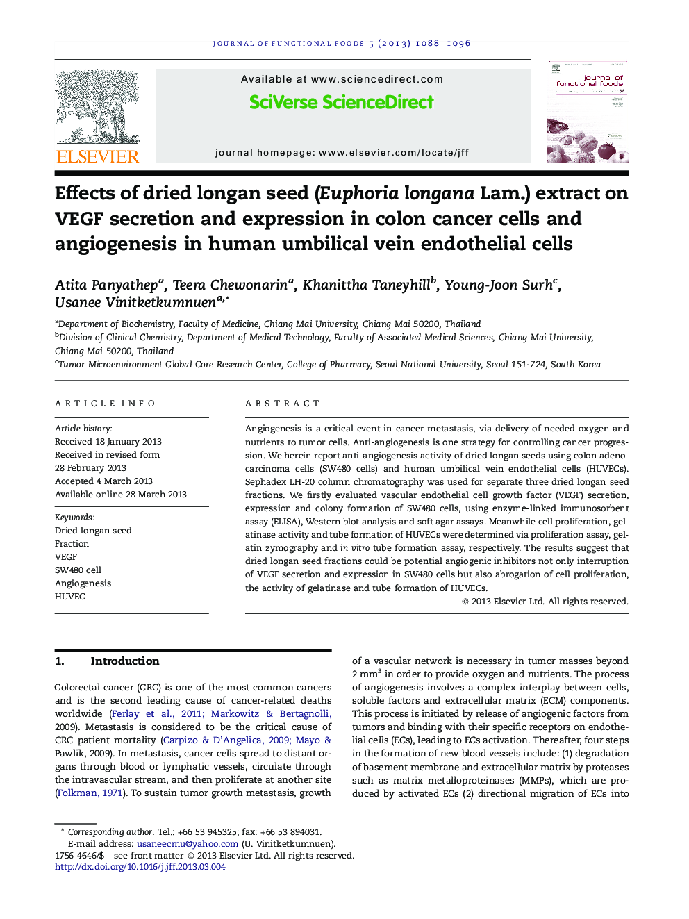 Effects of dried longan seed (Euphoria longana Lam.) extract on VEGF secretion and expression in colon cancer cells and angiogenesis in human umbilical vein endothelial cells