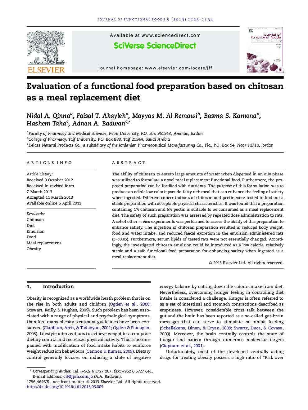 Evaluation of a functional food preparation based on chitosan as a meal replacement diet