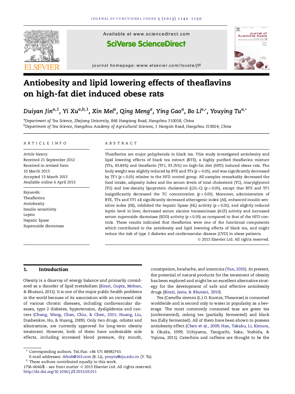 Antiobesity and lipid lowering effects of theaflavins on high-fat diet induced obese rats