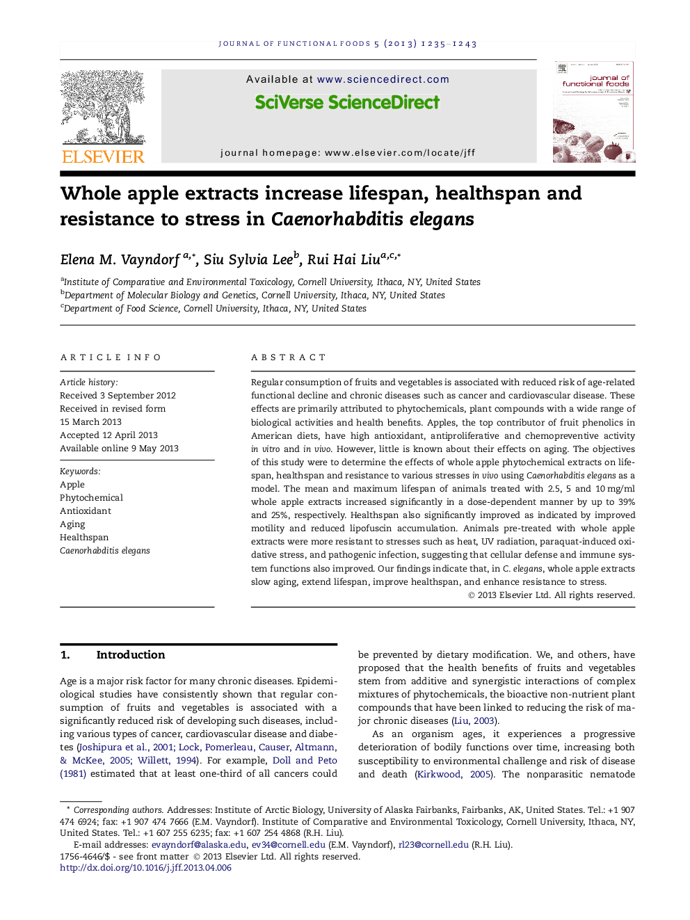 Whole apple extracts increase lifespan, healthspan and resistance to stress in Caenorhabditis elegans