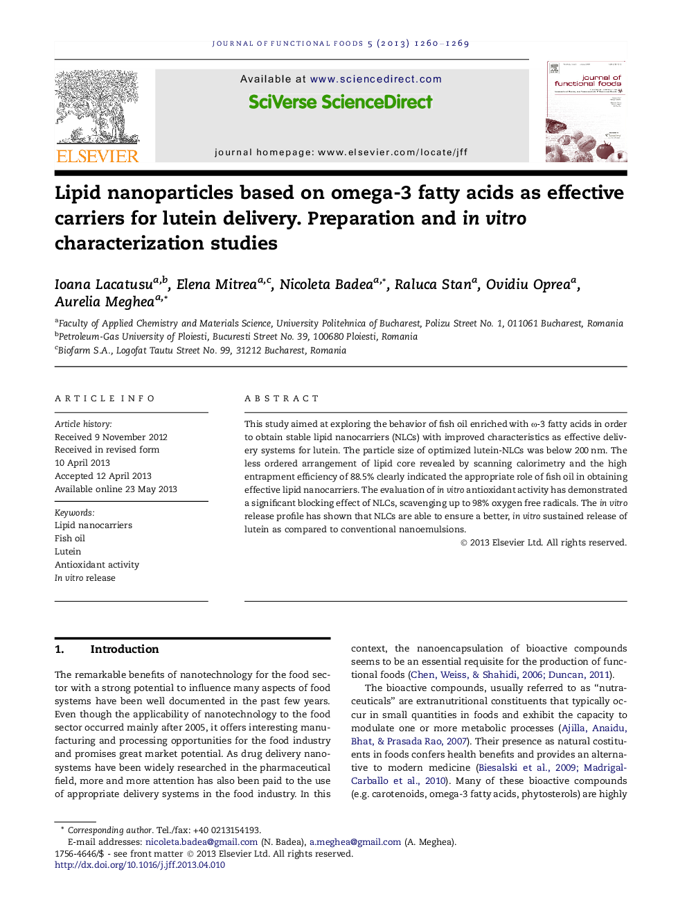 عکس صفحه اول مقاله: Lipid nanoparticles based on omega-3 fatty acids as effective carriers for lutein delivery. Preparation and in vitro characterization studies Lipid nanoparticles based on omega-3 fatty acids as effective carriers for lutein delivery. Preparation and in vitro characterization studies