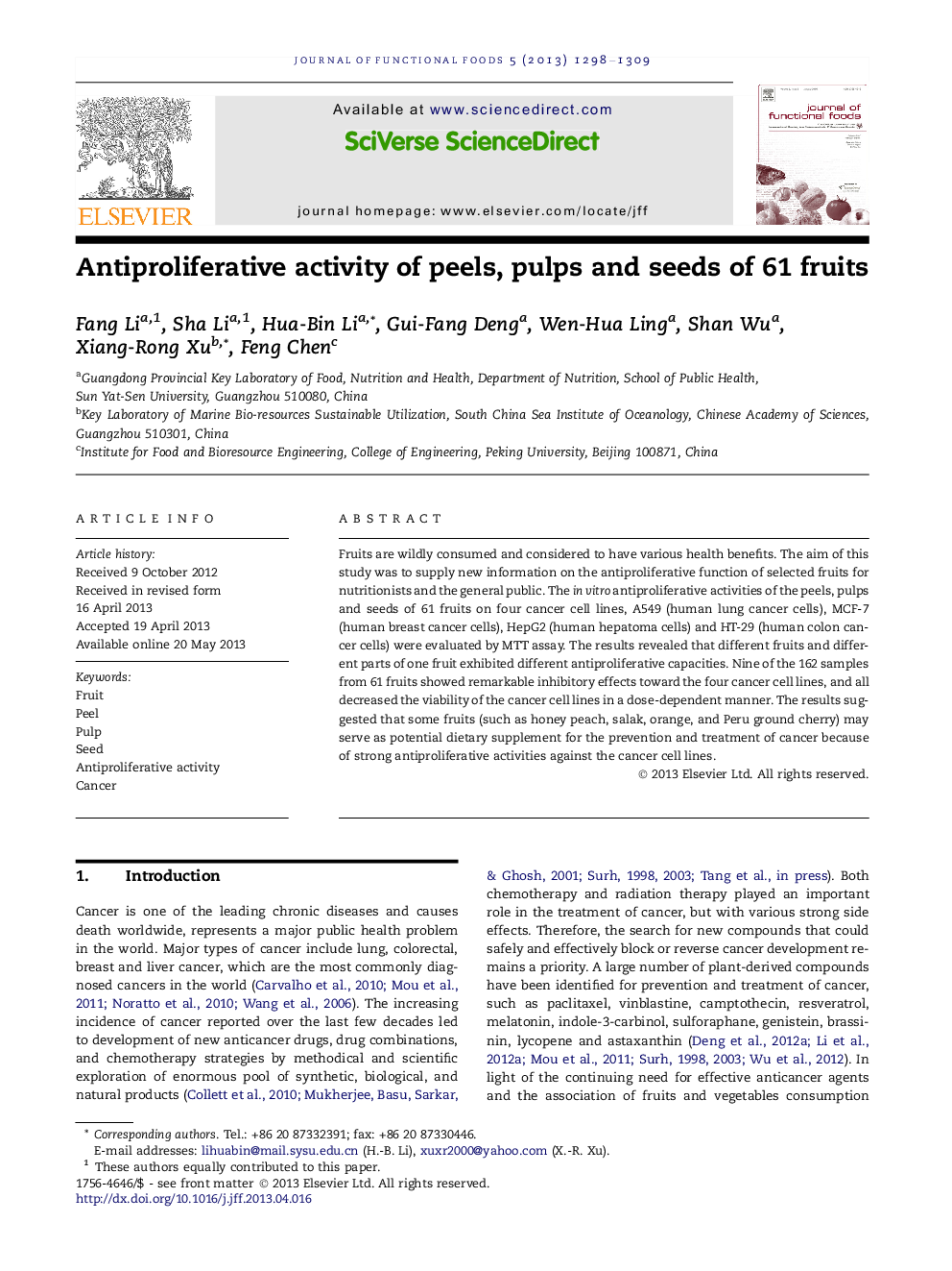 Antiproliferative activity of peels, pulps and seeds of 61 fruits