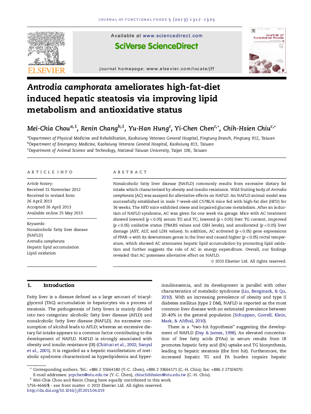 Antrodia camphorata ameliorates high-fat-diet induced hepatic steatosis via improving lipid metabolism and antioxidative status