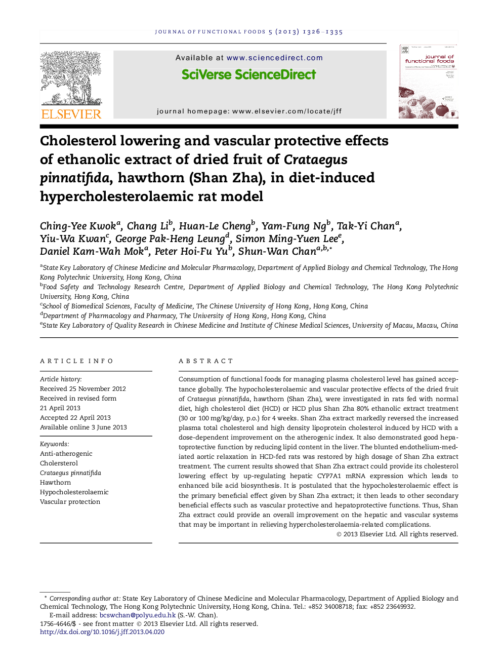 عکس صفحه اول مقاله: Cholesterol lowering and vascular protective effects of ethanolic extract of dried fruit of Crataegus pinnatifida, hawthorn (Shan Zha), in diet-induced hypercholesterolaemic rat model Cholesterol lowering and vascular protective effects of ethanolic extract of dried fruit of Crataegus pinnatifida, hawthorn (Shan Zha), in diet-induced hypercholesterolaemic rat model