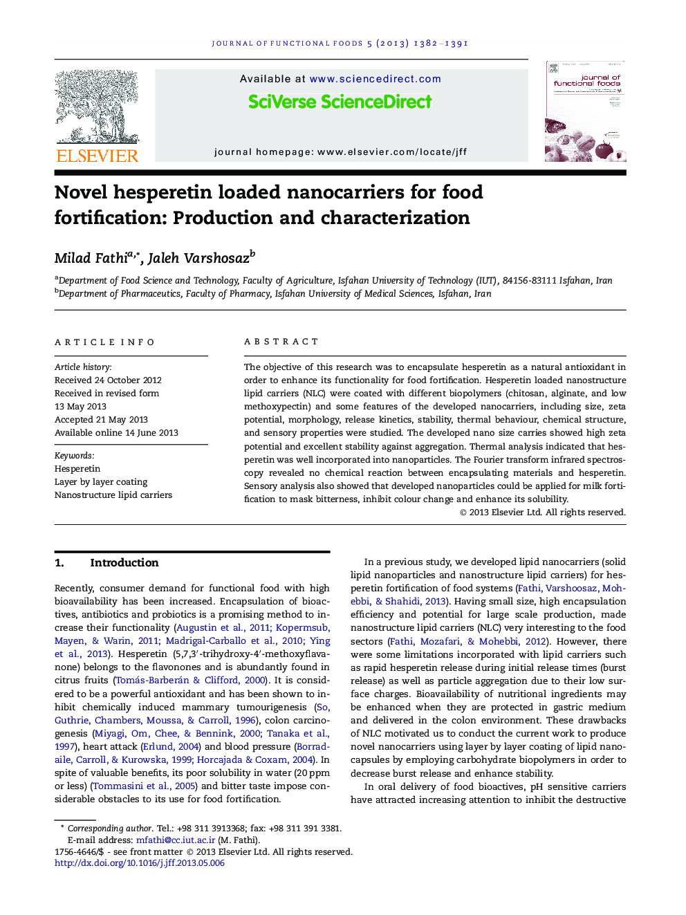 عکس صفحه اول مقاله: Novel hesperetin loaded nanocarriers for food fortification: Production and characterization Novel hesperetin loaded nanocarriers for food fortification: Production and characterization