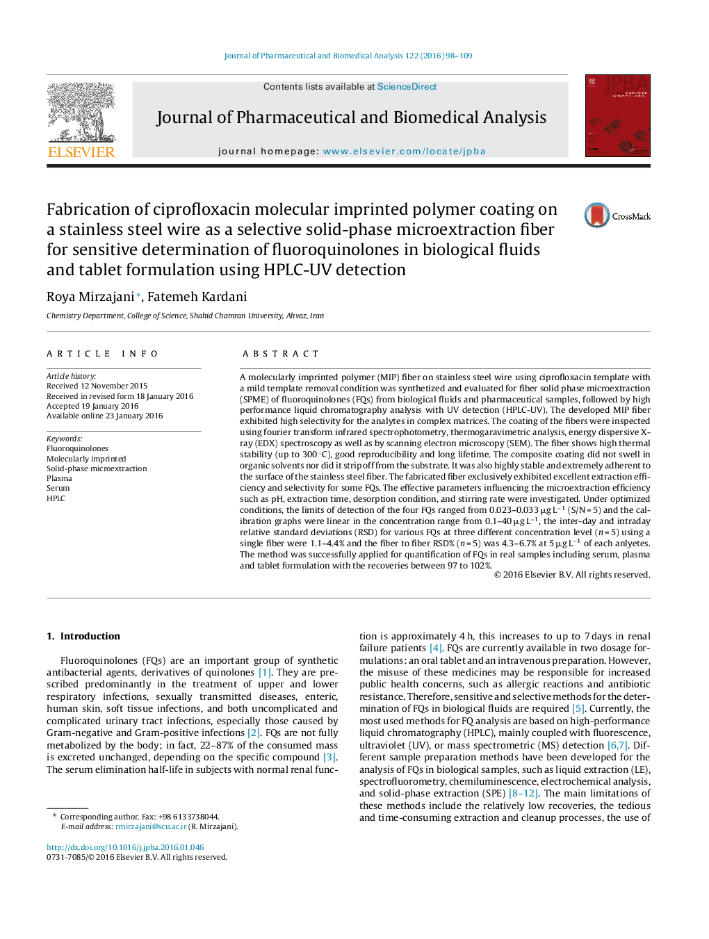 Fabrication of ciprofloxacin molecular imprinted polymer coating on a stainless steel wire as a selective solid-phase microextraction fiber for sensitive determination of fluoroquinolones in biological fluids and tablet formulation using HPLC-UV detection