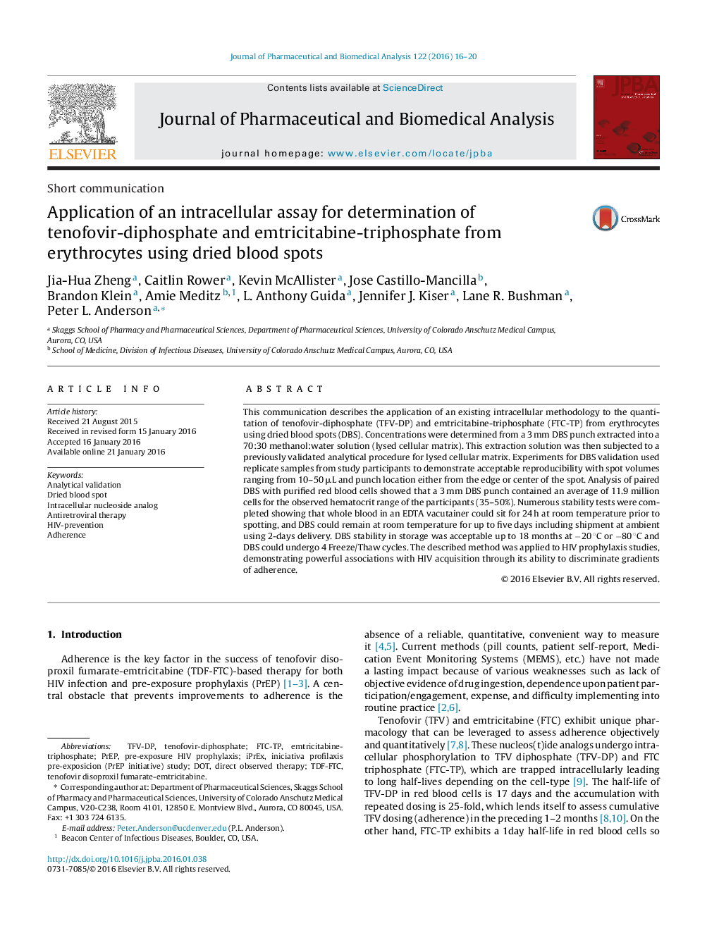 Application of an intracellular assay for determination of tenofovir-diphosphate and emtricitabine-triphosphate from erythrocytes using dried blood spots