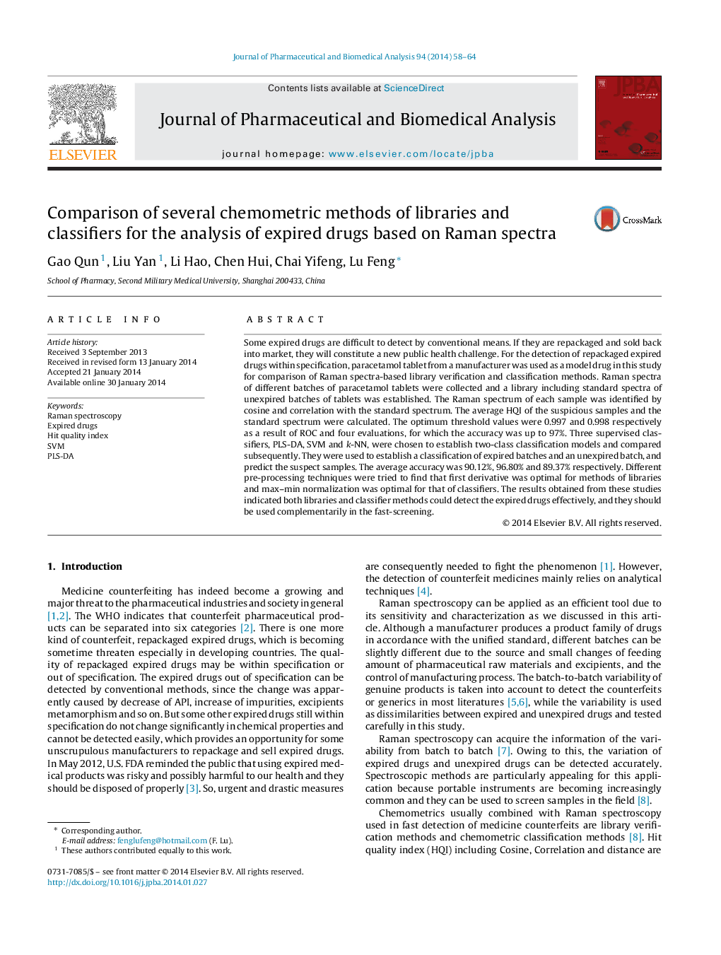 Comparison of several chemometric methods of libraries and classifiers for the analysis of expired drugs based on Raman spectra