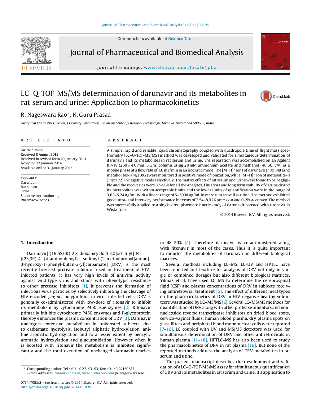 LC–Q-TOF-MS/MS determination of darunavir and its metabolites in rat serum and urine: Application to pharmacokinetics