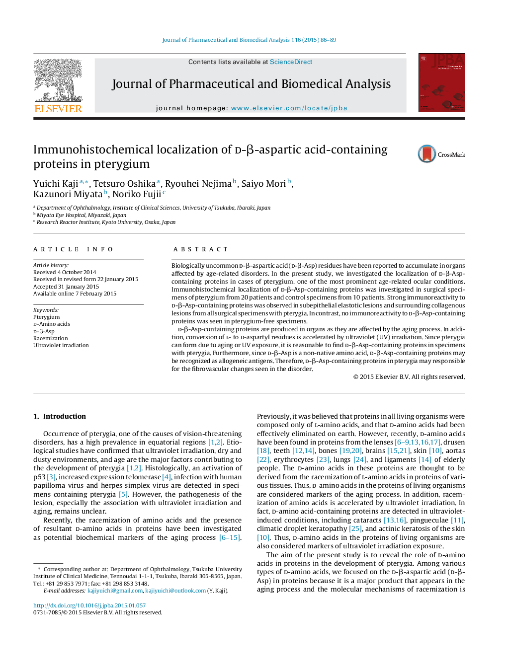 Immunohistochemical localization of d-β-aspartic acid-containing proteins in pterygium