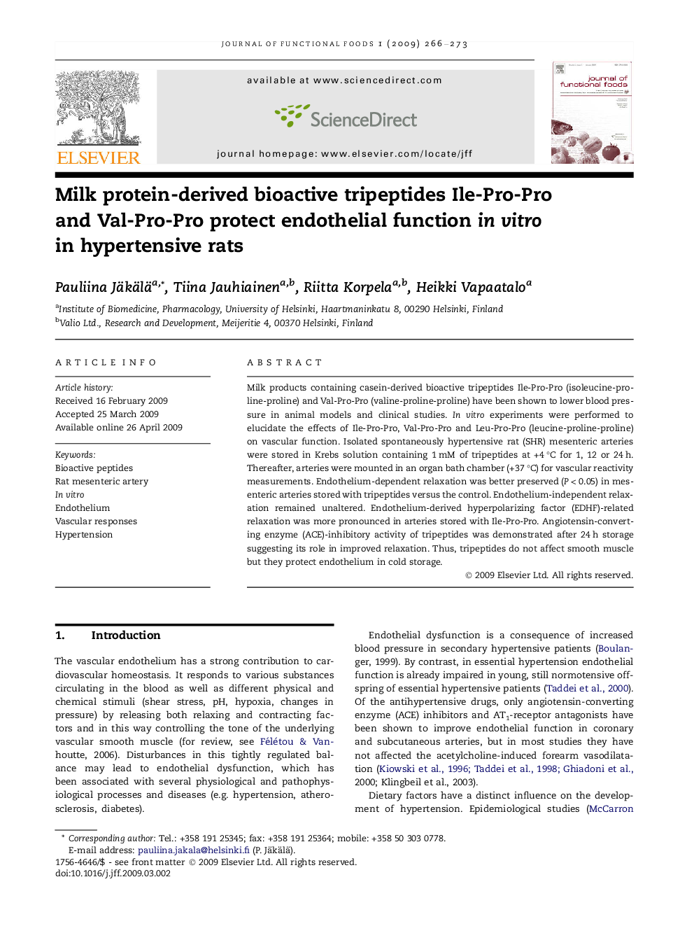 Milk protein-derived bioactive tripeptides Ile-Pro-Pro and Val-Pro-Pro protect endothelial function in vitro in hypertensive rats