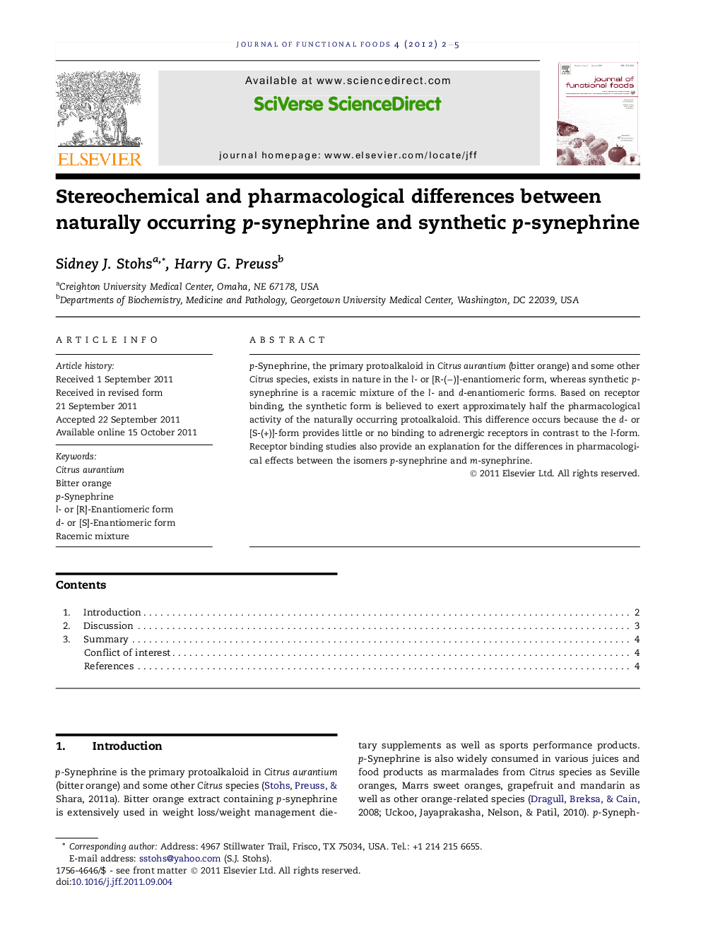 Stereochemical and pharmacological differences between naturally occurring p-synephrine and synthetic p-synephrine