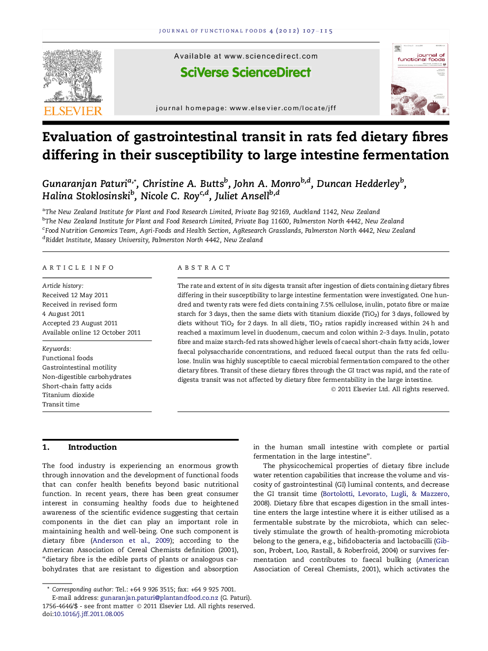 Evaluation of gastrointestinal transit in rats fed dietary fibres differing in their susceptibility to large intestine fermentation