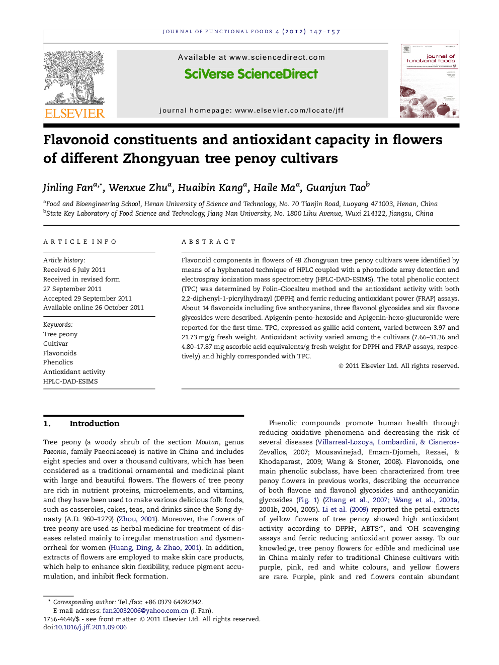 Flavonoid constituents and antioxidant capacity in flowers of different Zhongyuan tree penoy cultivars