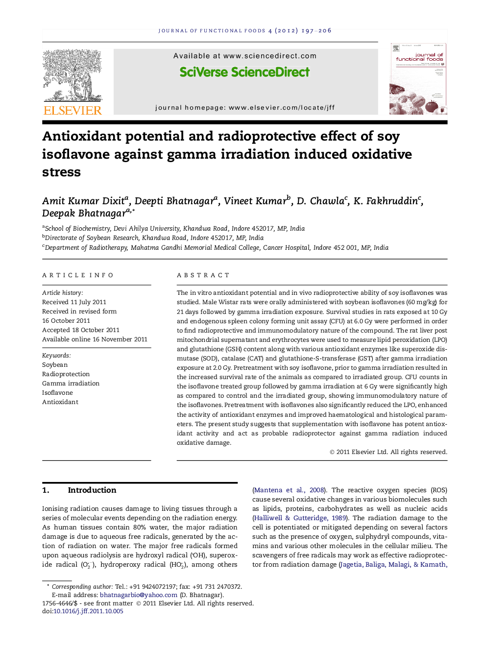 Antioxidant potential and radioprotective effect of soy isoflavone against gamma irradiation induced oxidative stress