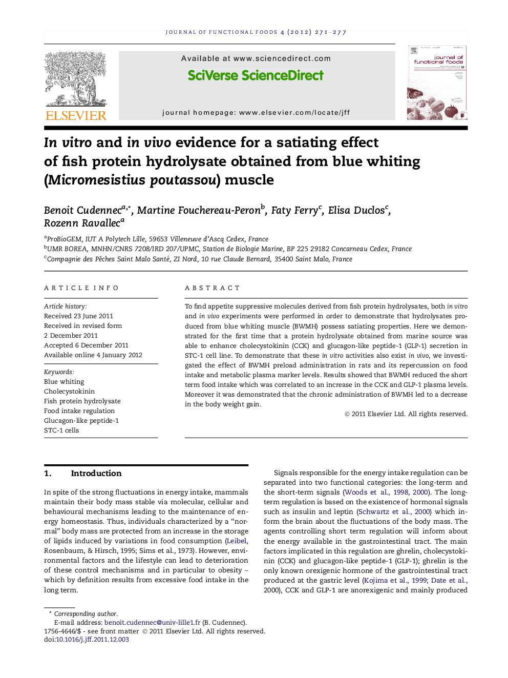 In vitro and in vivo evidence for a satiating effect of fish protein hydrolysate obtained from blue whiting (Micromesistius poutassou) muscle